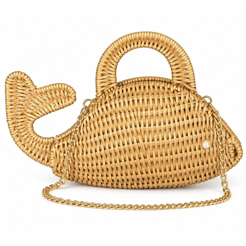 NWT Tommy Bahama Whale Wicker Crossbody Hand Bag Natural Rattan Chain Strap OS